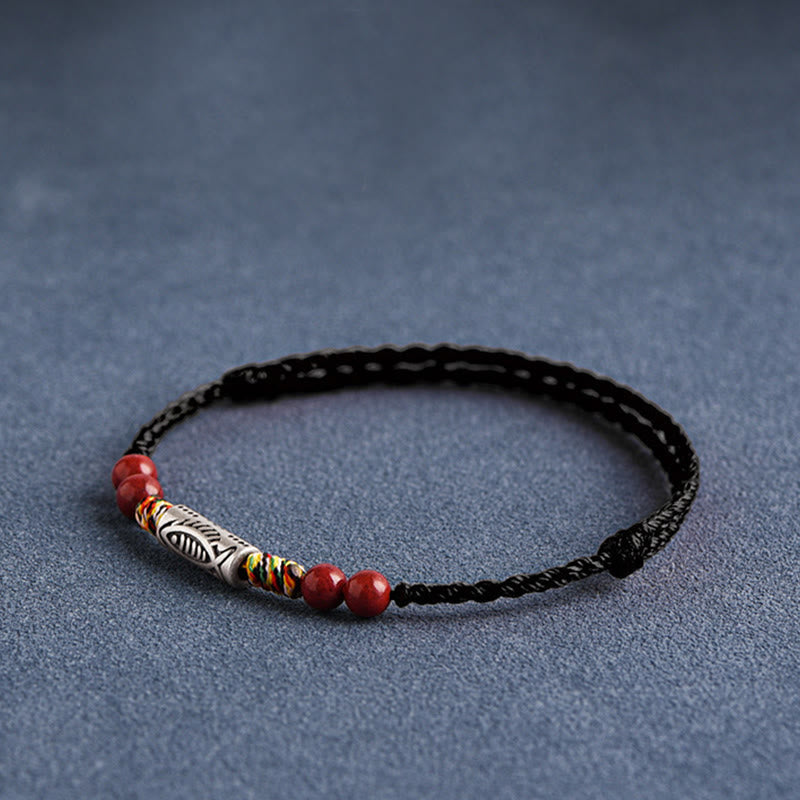 925 Sterling Silver Koi Fish Cinnabar Bead Wealth Handcrafted Braided Bracelet Anklet