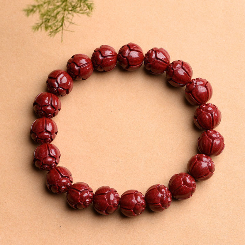 Natural Cinnabar Om Mani Padme Hum Fret Pattern Lotus Blessing Bracelet