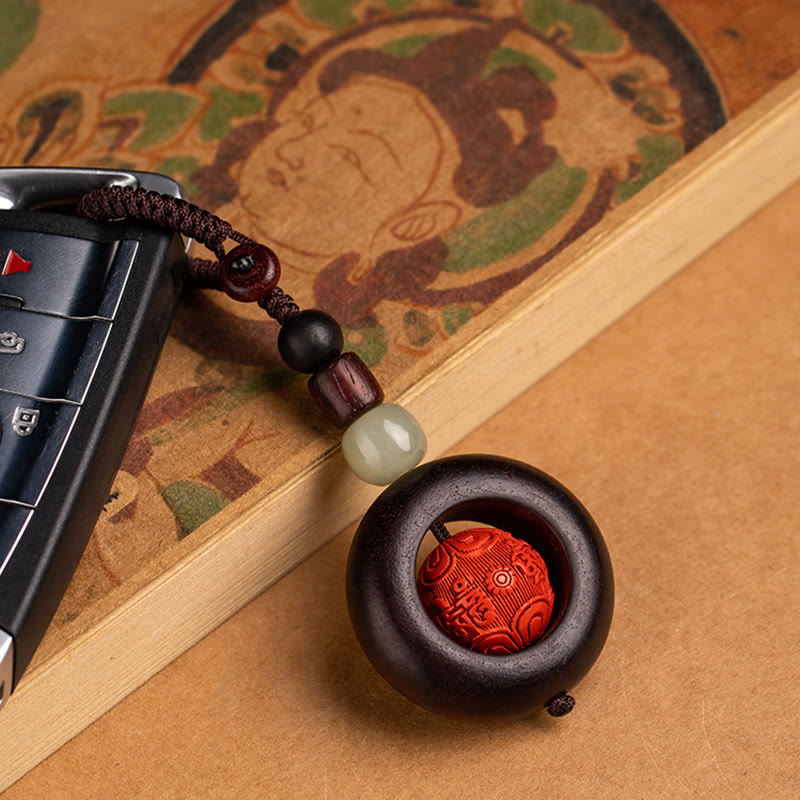 Tibet Om Mani Padme Hum PiXiu Copper Coin Small Leaf Red Sandalwood Cinnabar Protection Key Chain