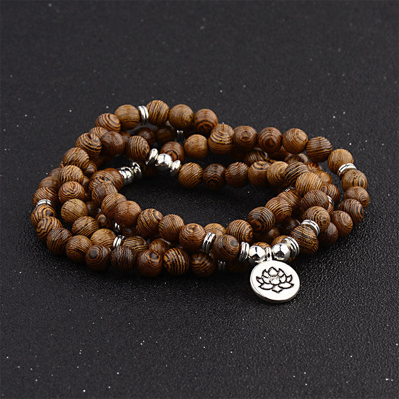 Tibetan Wood Bracelet Lotus Charm Mala