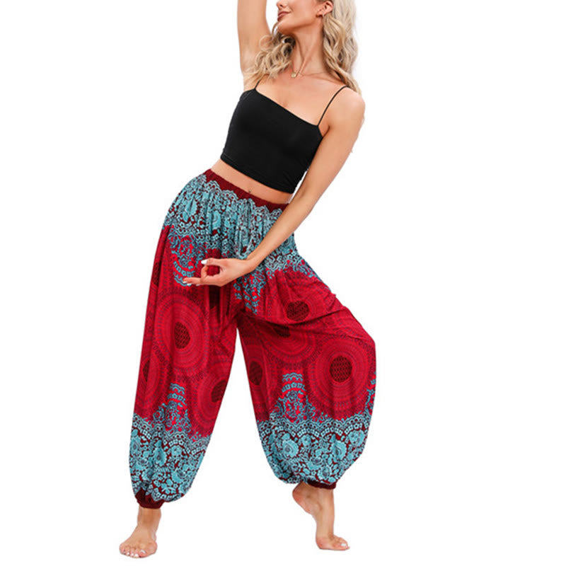 Loose Circle-shaped Flowers Pattern Harem Trousers Women's Yoga Pants