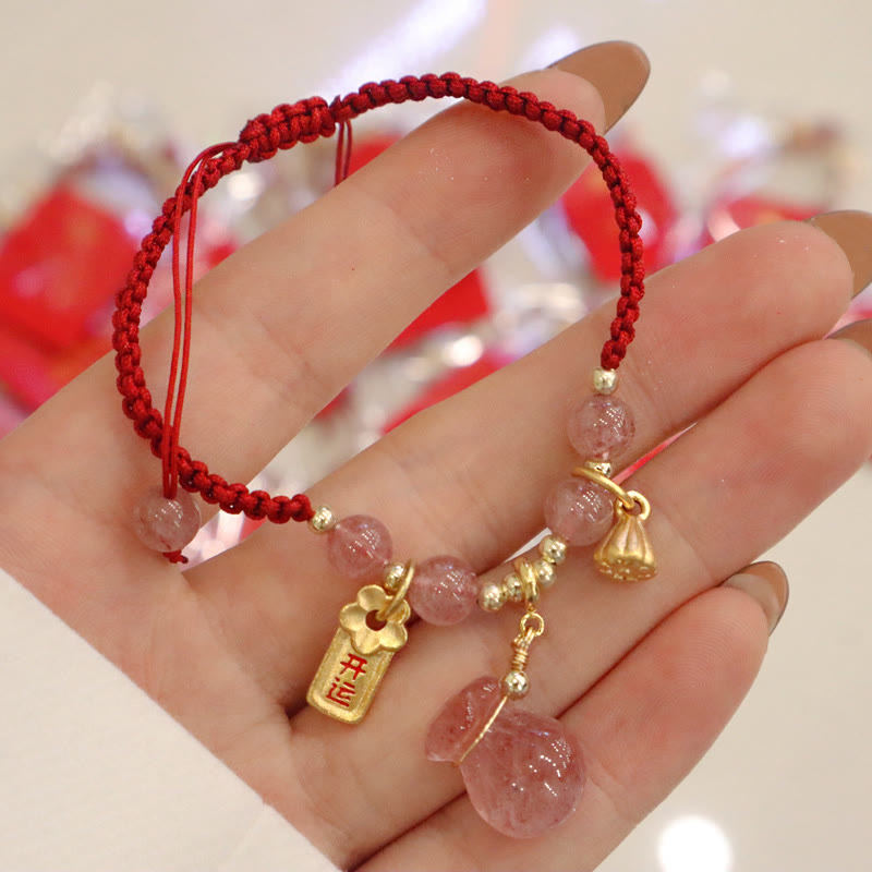 Natural Strawberry Quartz Money Bag Lotus Charm Red String Braided Bracelet