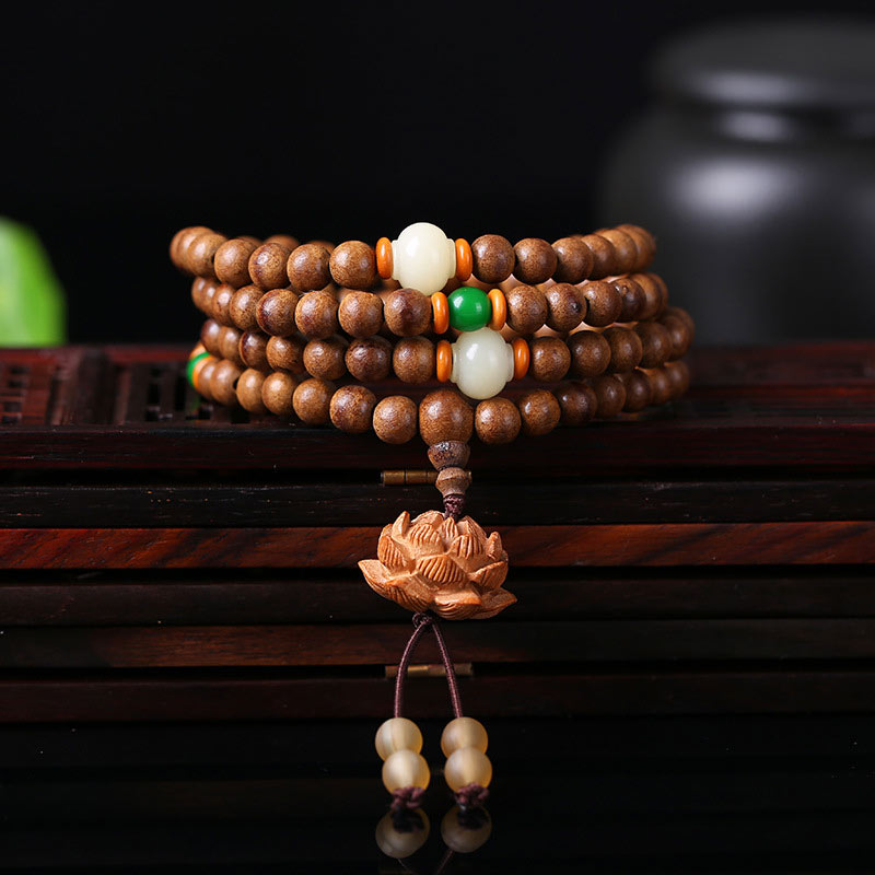 108 Mala Beads Peach Wood Bodhi Seed Lotus Prayer Meditation Bracelet