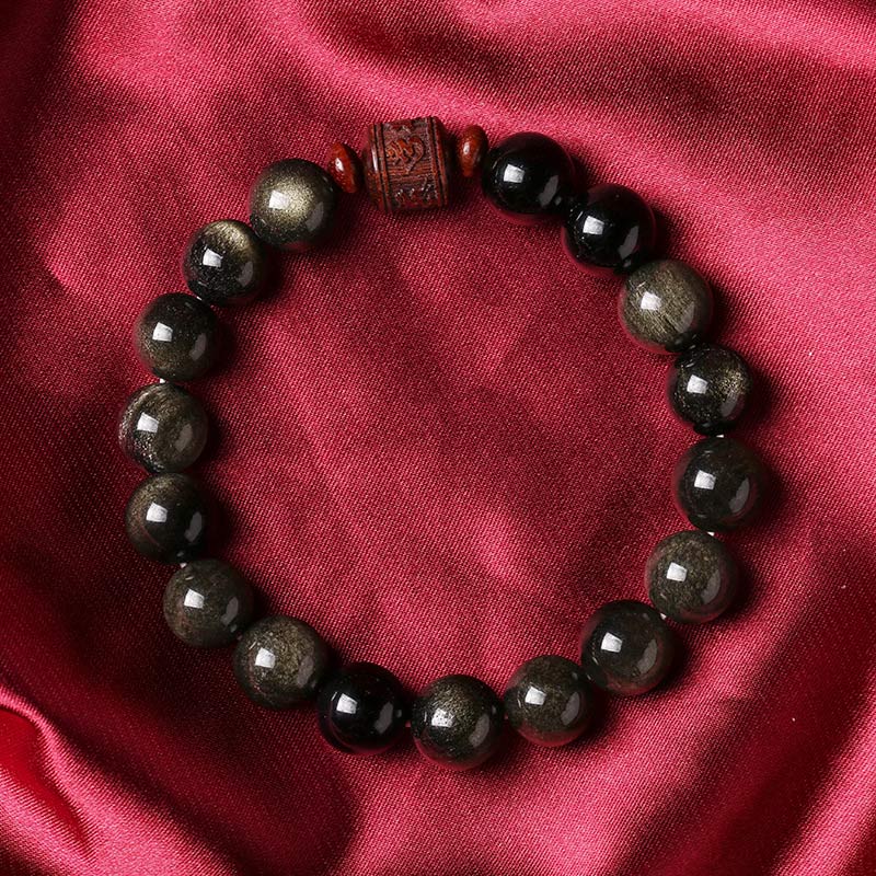 Natural Gold Sheen Obsidian Rainbow Obsidian Om Mani Padme Hum Fu Character Bracelet