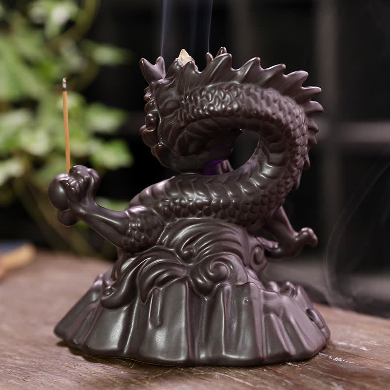 Auspicious Dragon Ceramic Backflow Smoke Fountain Meditation Incense Burner Led Ball Decoration