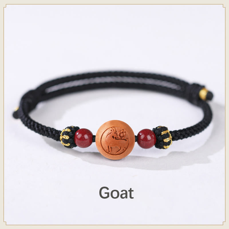 Natural Peach Wood Chinese Zodiac Fu Character Carved Cinnabar Wealth Bracelet