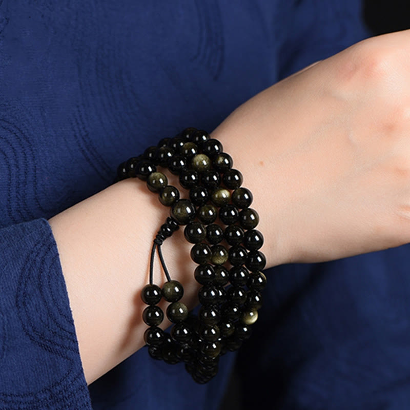 108 Mala Beads Natural Gold Sheen Obsidian Wealth Bracelet