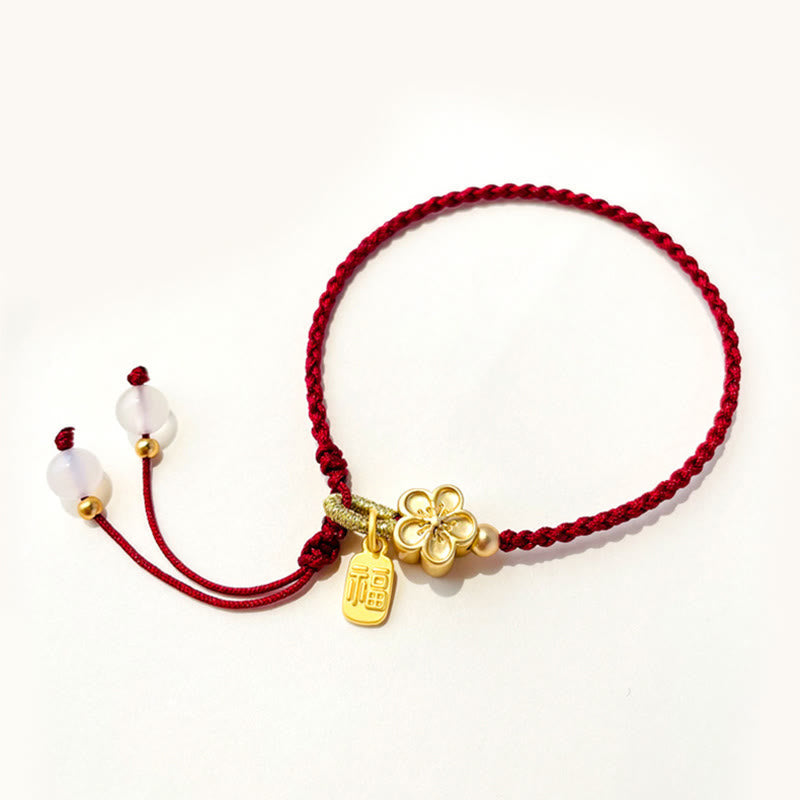 Handmade Peach Blossom Rosette Bow Knot Fu Character Charm Luck Fortune Red Rope Bracelet