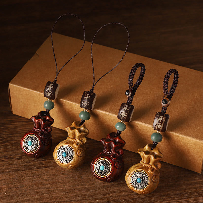 Small Leaf Red Sandalwood Green Sandalwood Money Bag Om Mani Padme Hum Rotatable Protection Keychain Phone Hanging Decoration