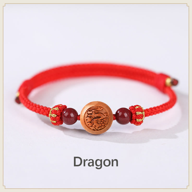 Natural Peach Wood Chinese Zodiac Fu Character Carved Cinnabar Wealth Bracelet