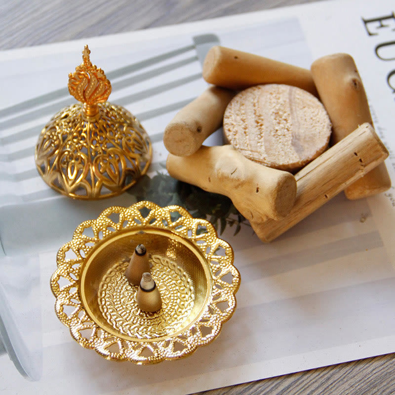 Gold Alloy Mini Incense Burner With Wooden Coaster Home Decor