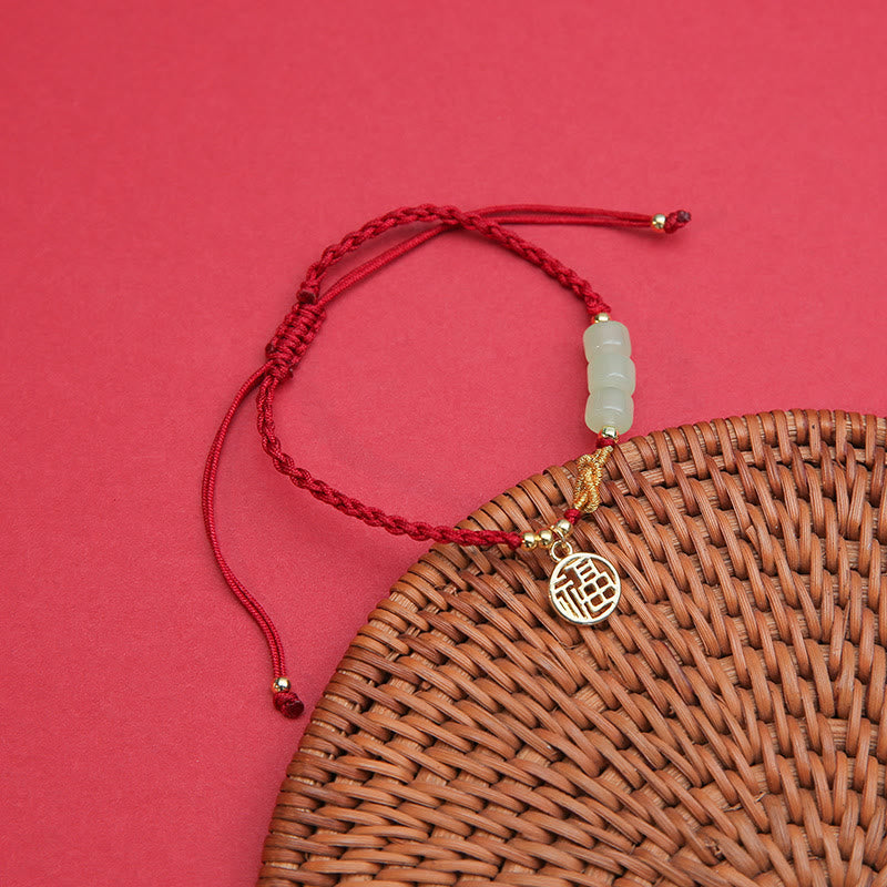 Handcrafted Jade Bead Fu Character Charm Luck Red Rope Bracelet