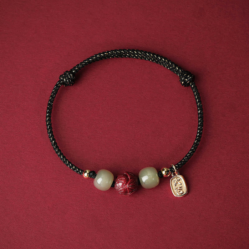 14K Gold Plated Hetian Jade Cinnabar Lotus Luck Handcrafted Rope Bracelet