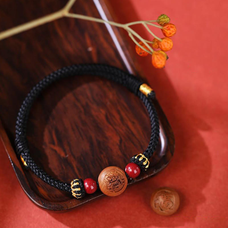 Natural Peach Wood Chinese Zodiac Fu Character Carved Cinnabar Wealth Bracelet