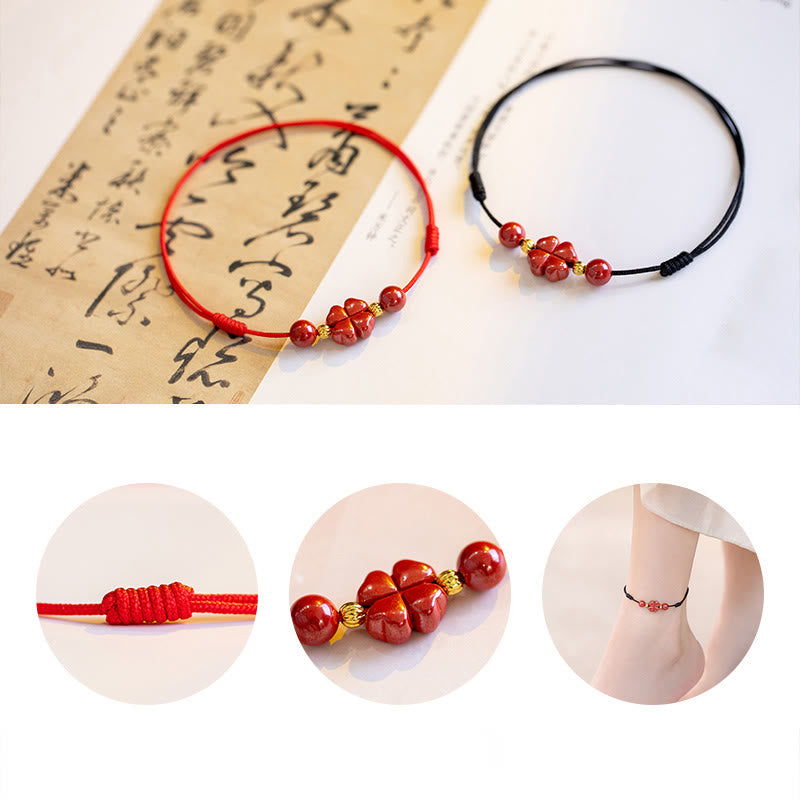 Four Leaf Clover Cinnabar Blessing Calm String Bracelet Anklet
