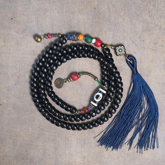 108 Beads Mala Ebony Wood Dzi Bead Copper Balance Tassel Bracelet
