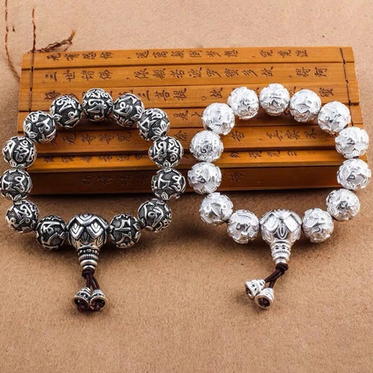 Tibetan Om Mani Padme Hum Carved Alloy Beads Amulet Bracelet