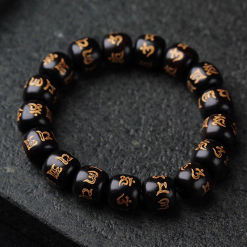 Tibetan Ebony Wood Om Mani Padme Hum Engraved Peace Bracelet