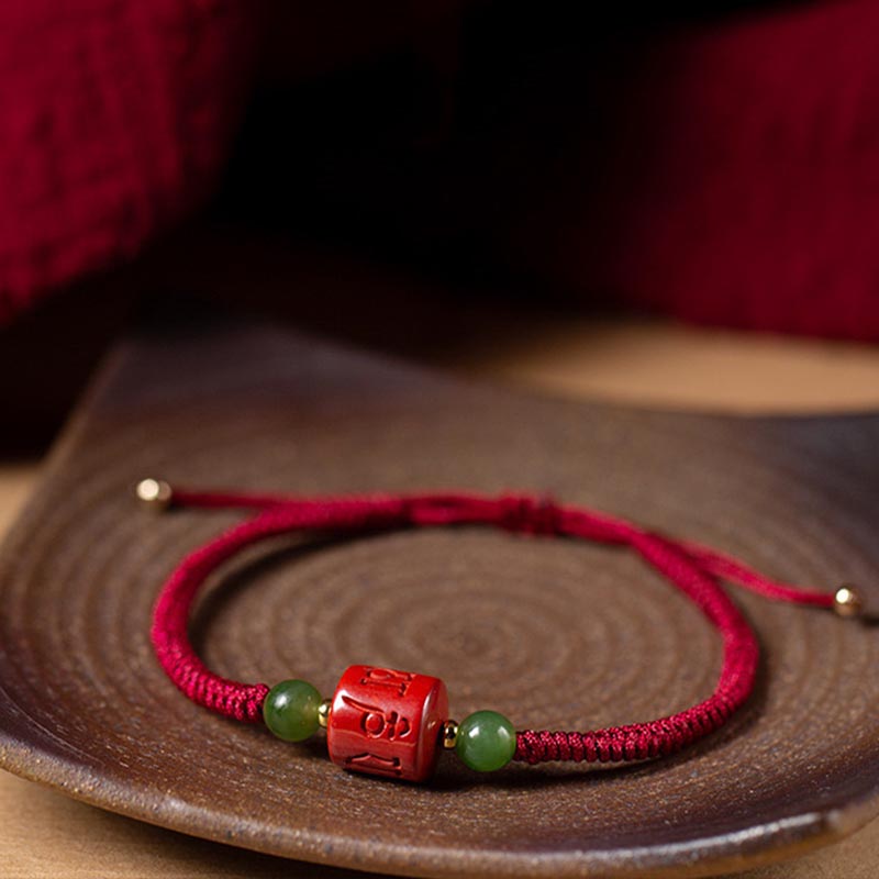 Tibetan Cinnabar Om Mani Padme Hum Engraved Blessing Braided Rope Bracelet