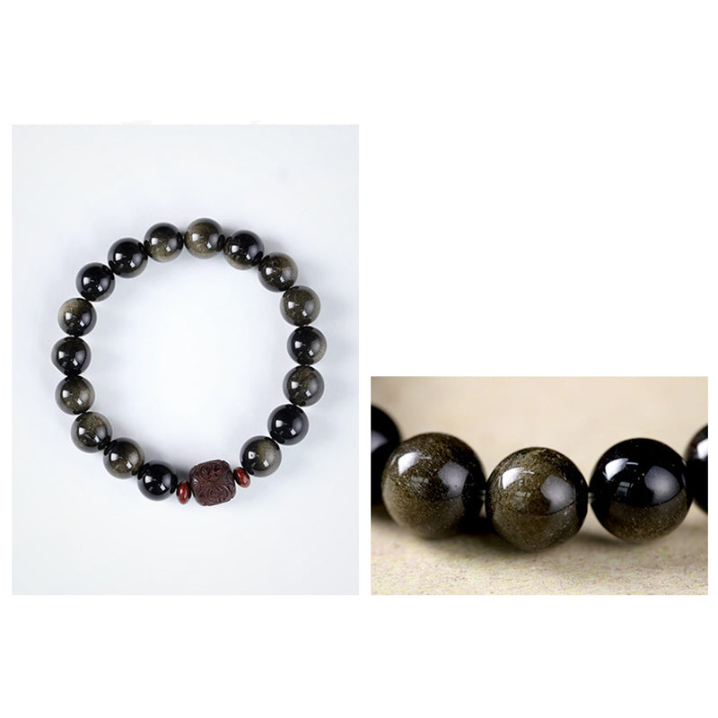 Natural Gold Sheen Obsidian Rainbow Obsidian Om Mani Padme Hum Fu Character Bracelet