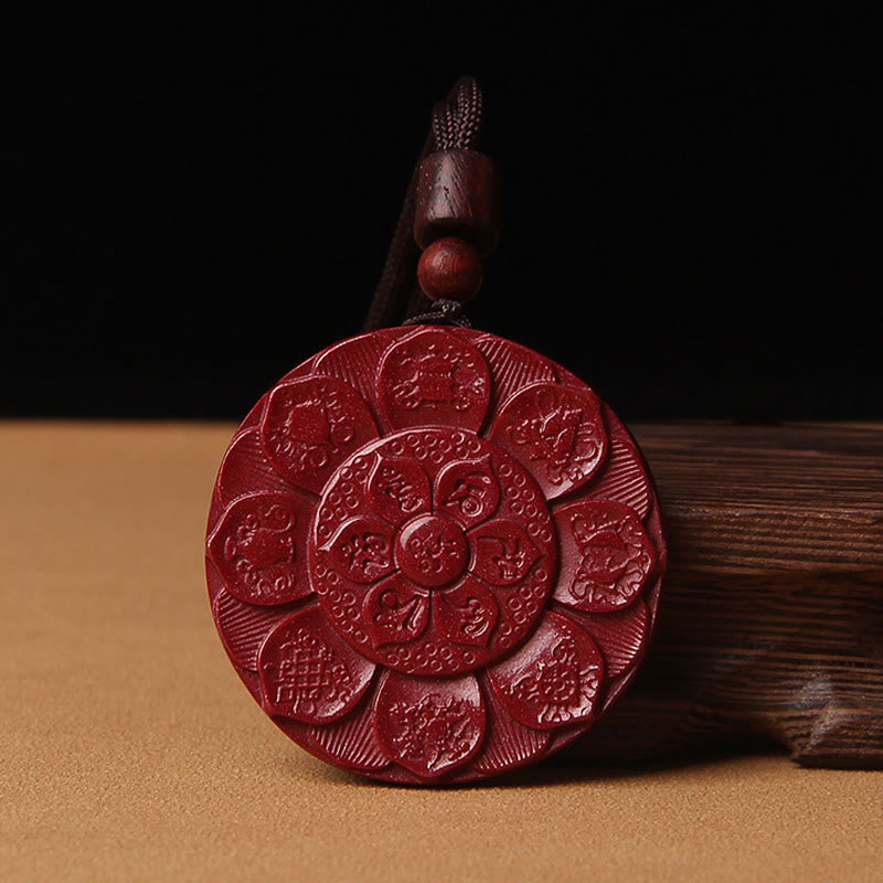 Natural Cinnabar Lotus Om Mani Padme Hum Blessing Necklace String Pendant