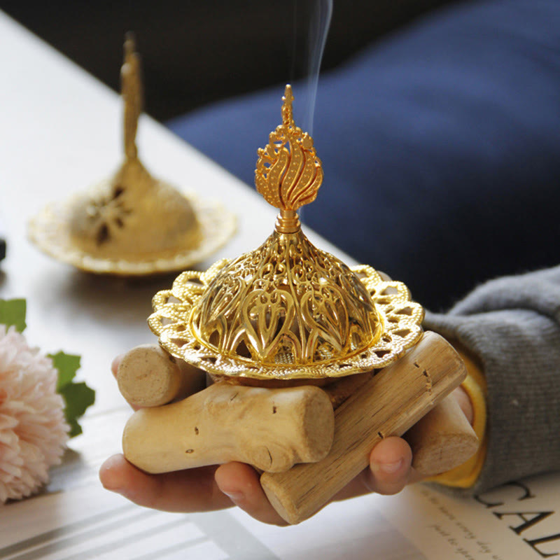 Gold Alloy Mini Incense Burner With Wooden Coaster Home Decor