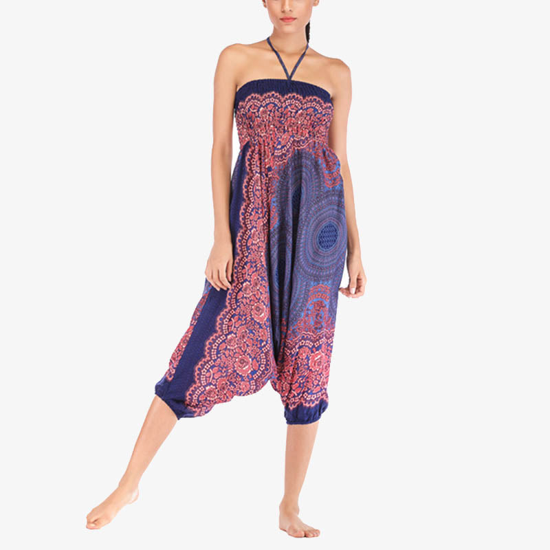 Two Style Wear Round Geometric Pattern Loose Smocked Harem Trousers Jumpsuit High Waist Women's Yoga Pants