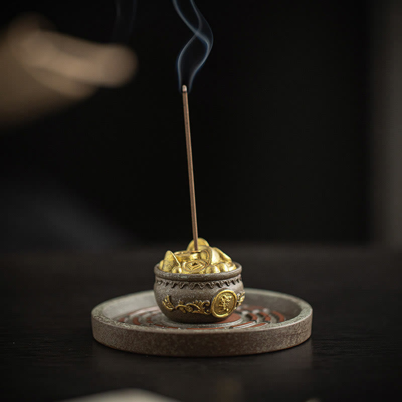 Small Treasure Bowl Lucky Bag Bagua Tray Ceramic Stick Incense Burner Decoration