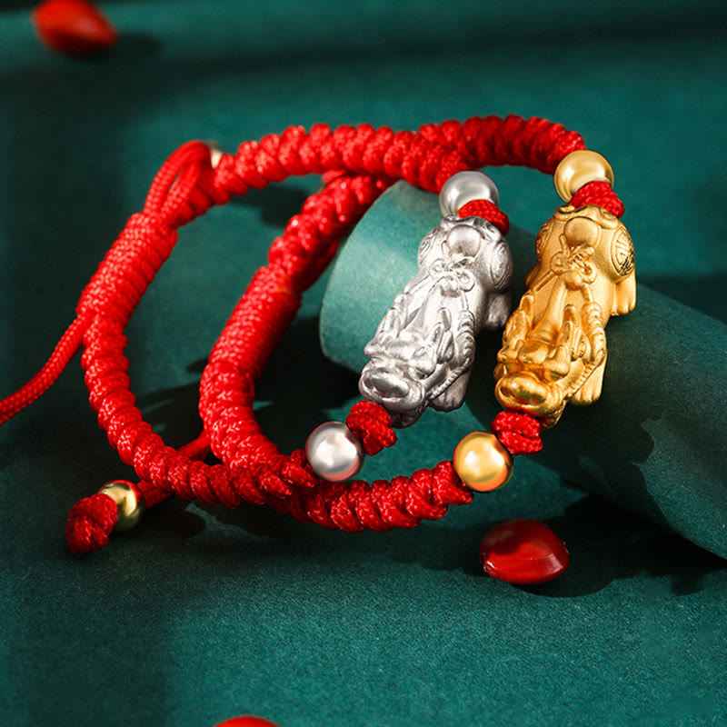 999 Sterling Silver PiXiu Wealth King Kong Knot String Braided Kids Child Bracelet