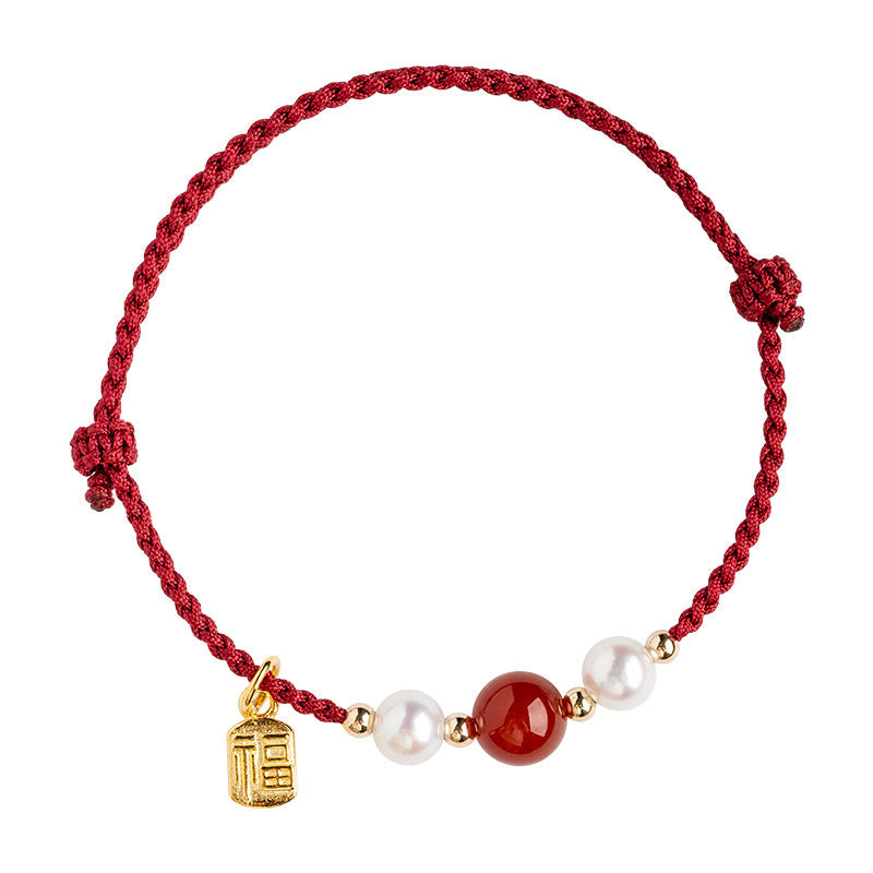 925 Sterling Silver Good Fortune Fu Character Agate Pearl Red String Braid Bracelet