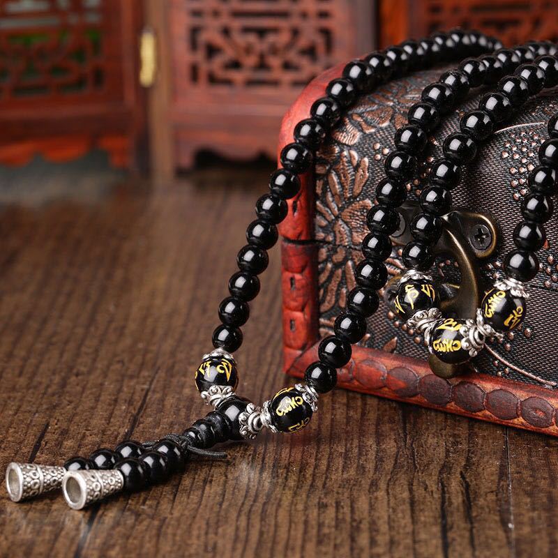 Black Obsidian Six True Words Protection Mala Bracelet