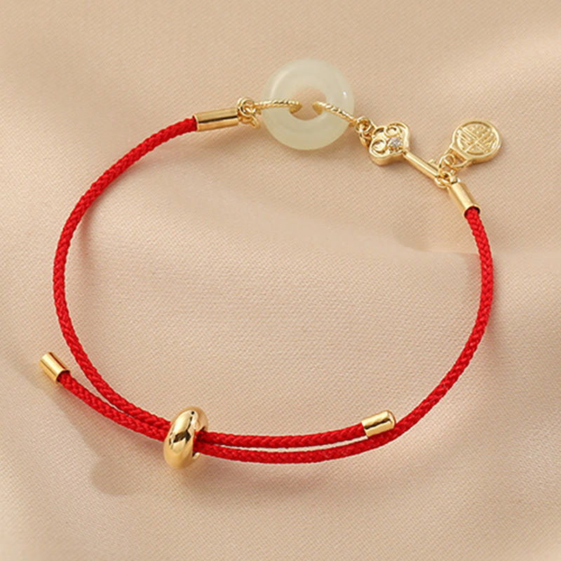 18K Gold Plated Hetian Jade Peace Buckle Fu Character Luck Red Rope Bracelet