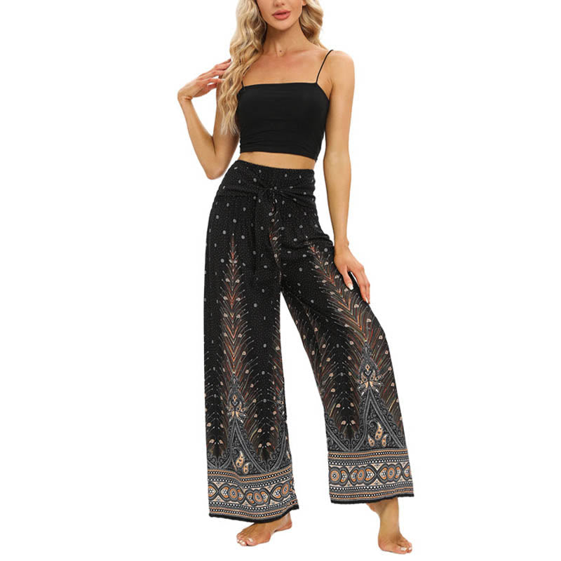 Boho Peacock Feathers Lace-up Wide Leg Pants Women's Yoga Pants