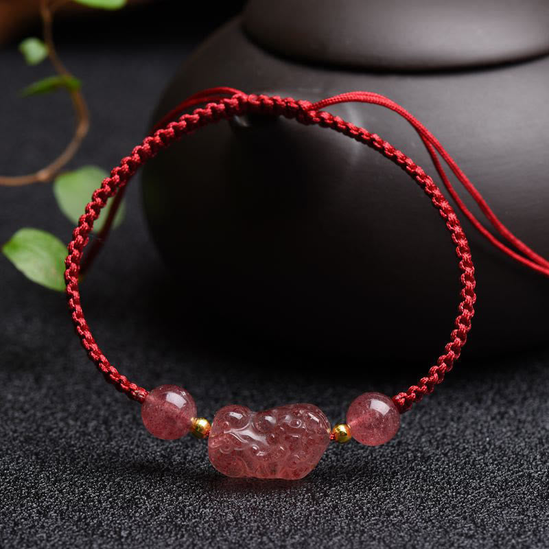Natural Strawberry Quartz PiXiu Lucky Red String Bracelet