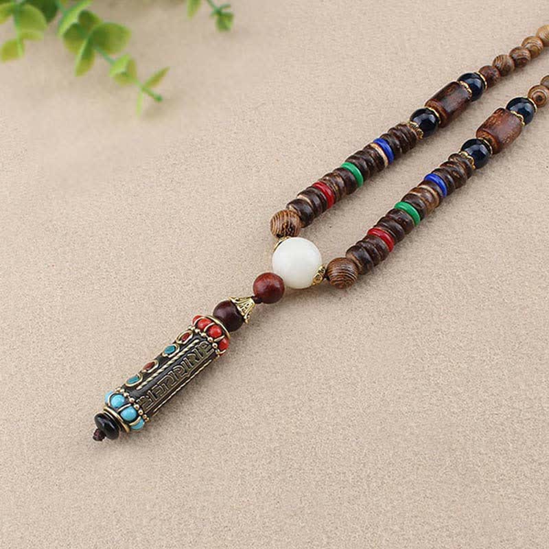 Tibetan Om Mani Padme Hum Dzi Bead Wenge Wood Necklace Pendant