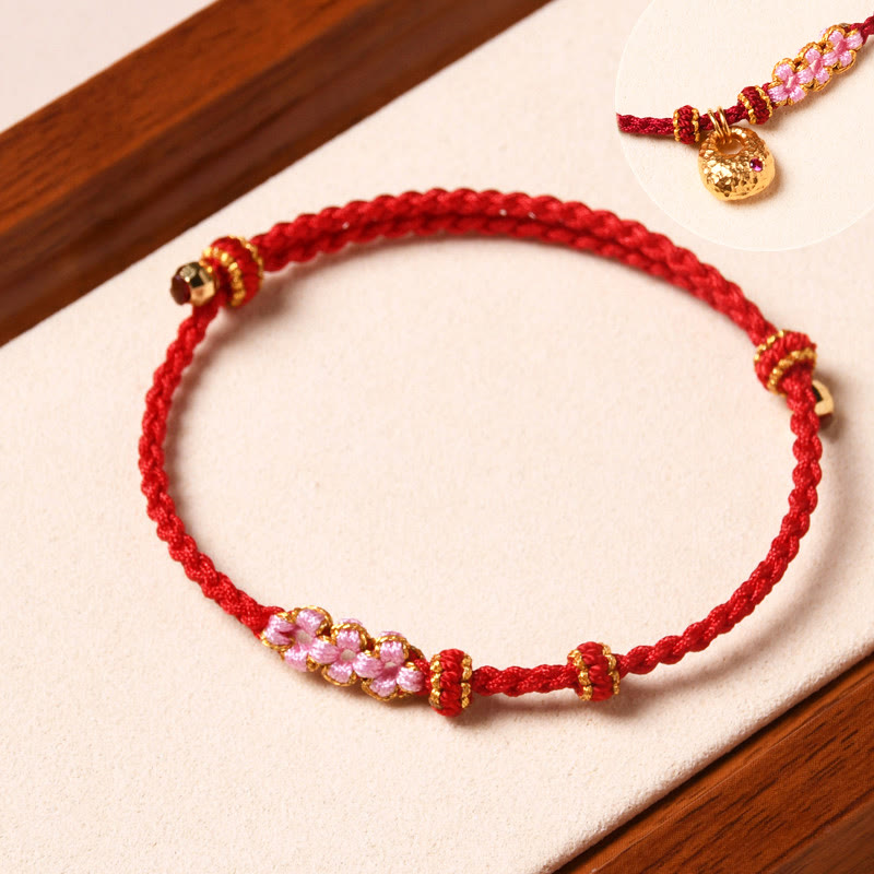 Handmade Peach Blossom Protection Braided Rope Bracelet