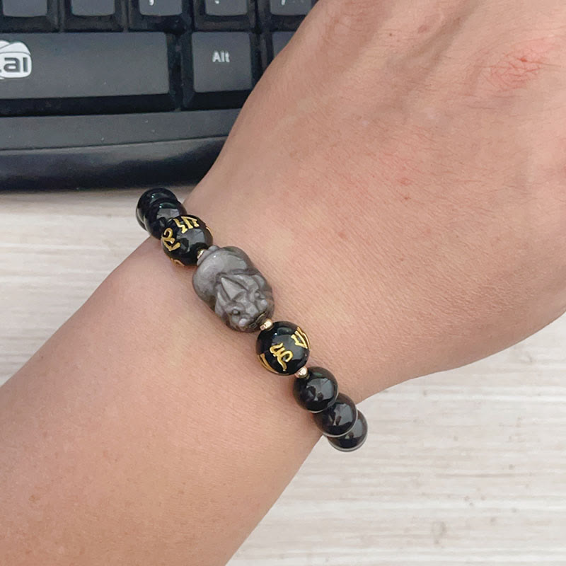 Natural Silver Sheen Obsidian Black Obsidian Om Mani Padme Hum Pixiu Protection Bracelet