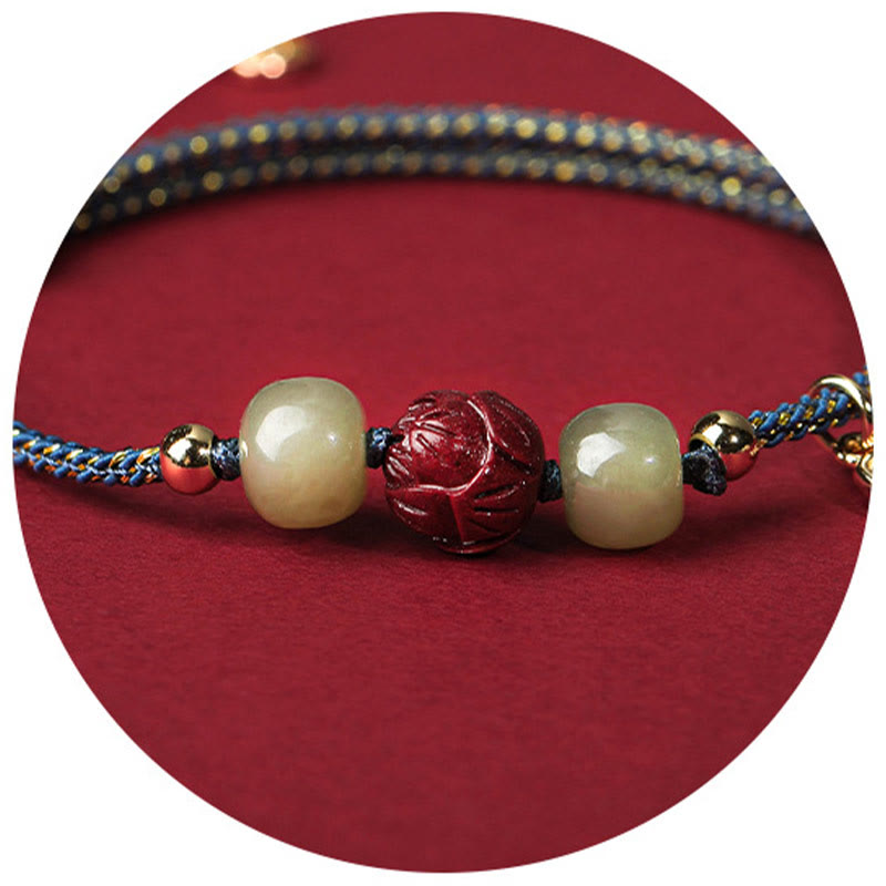 14K Gold Plated Hetian Jade Cinnabar Lotus Luck Handcrafted Rope Bracelet