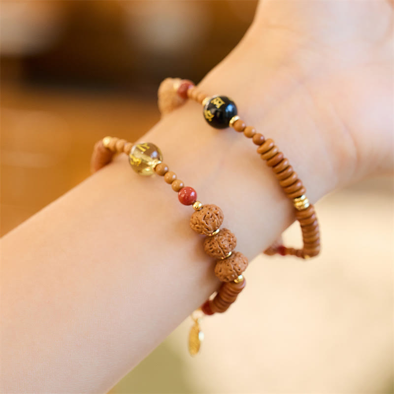 Tibetan Bodhi Seed Black Onyx Smoky Quartz Om Mani Padme Hum Fu Character Wealth Bracelet