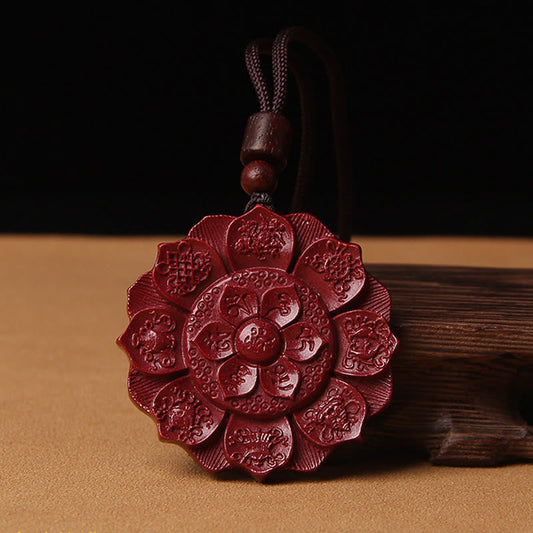 Natural Cinnabar Lotus Om Mani Padme Hum Blessing Necklace String Pendant