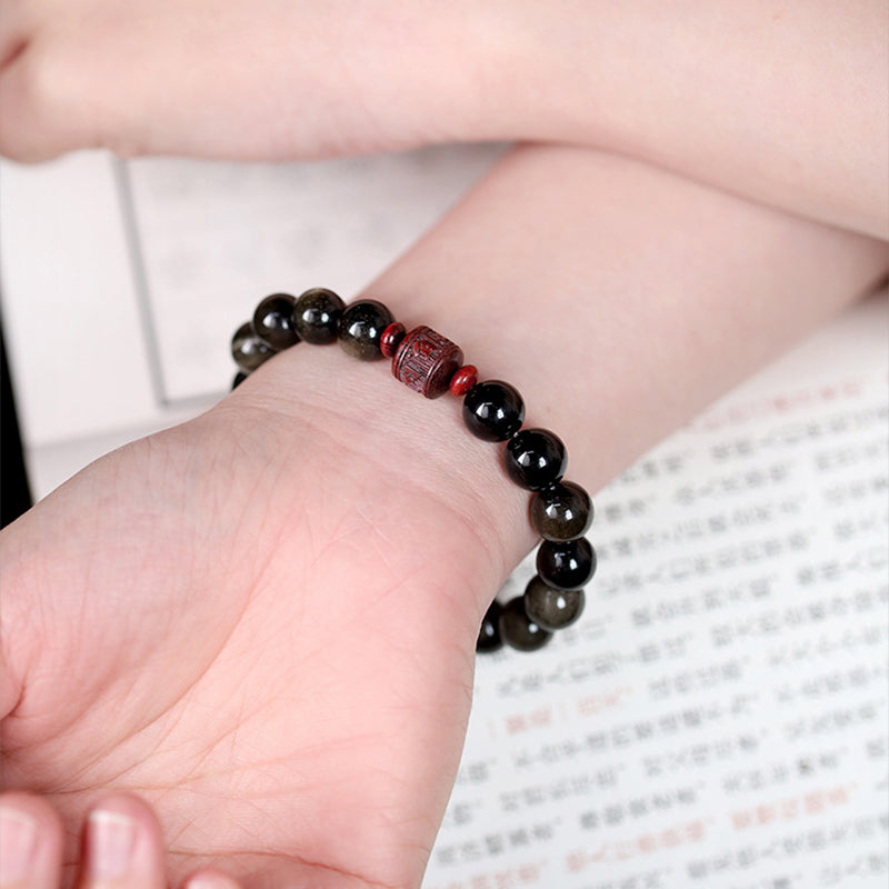 Natural Gold Sheen Obsidian Rainbow Obsidian Om Mani Padme Hum Fu Character Bracelet
