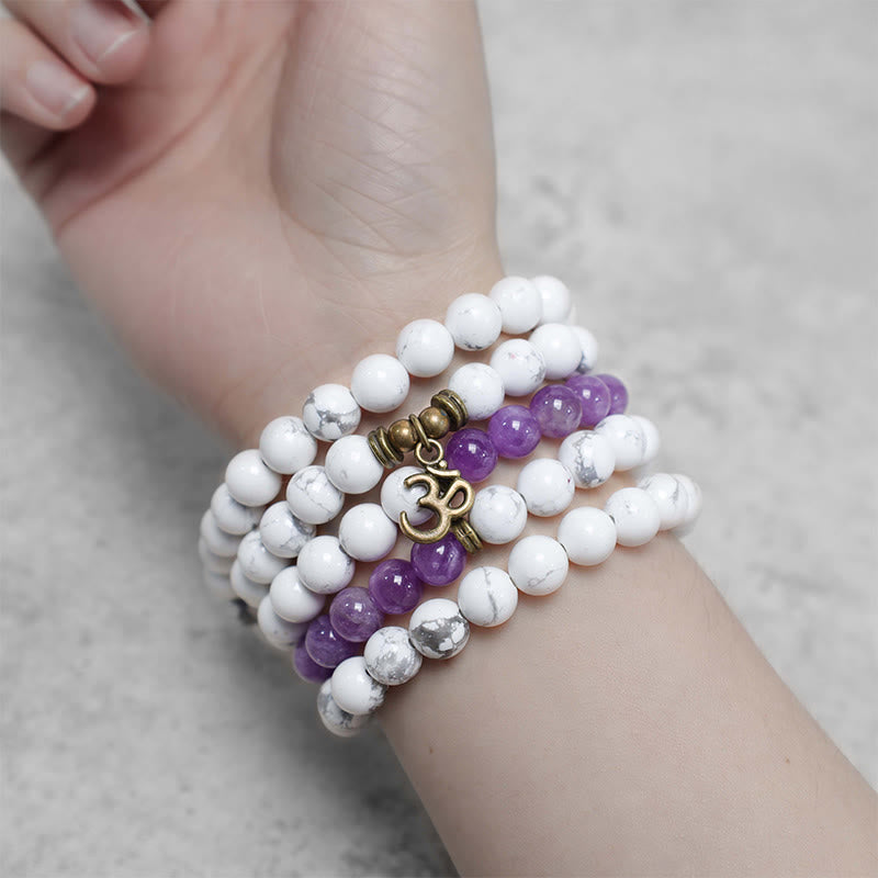108 Mala Beads Amethyst White Turquoise OM Meditation Energy Bracelet