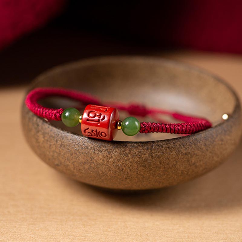 Tibetan Cinnabar Om Mani Padme Hum Engraved Blessing Braided Rope Bracelet