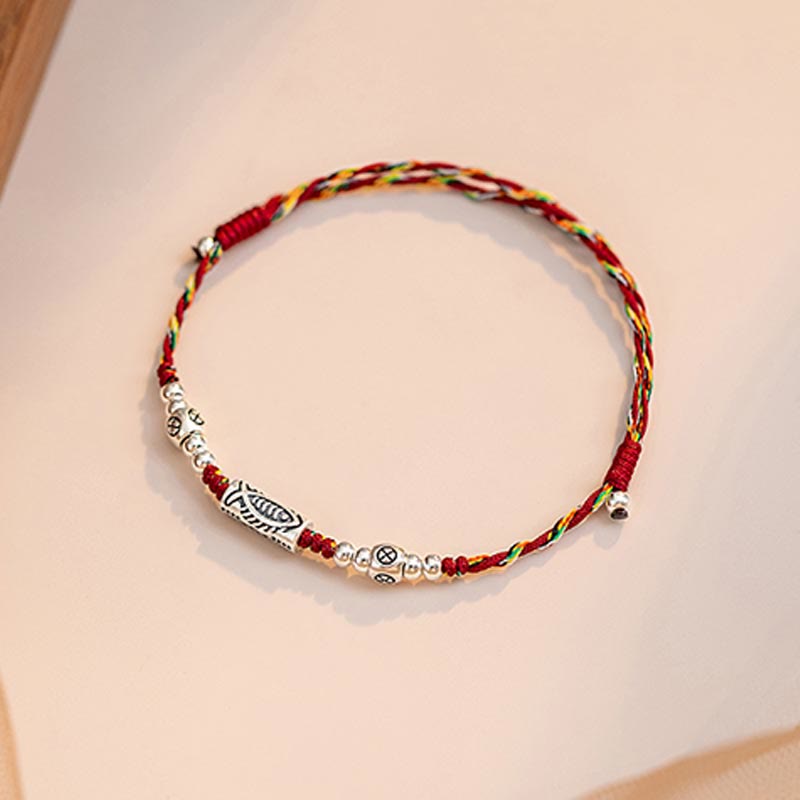 925 Sterling Silver Luck Koi Fish Braided Colorful String Bracelet Anklet