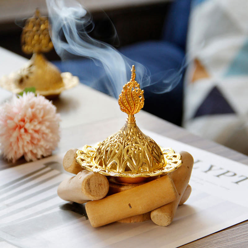 Gold Alloy Mini Incense Burner With Wooden Coaster Home Decor