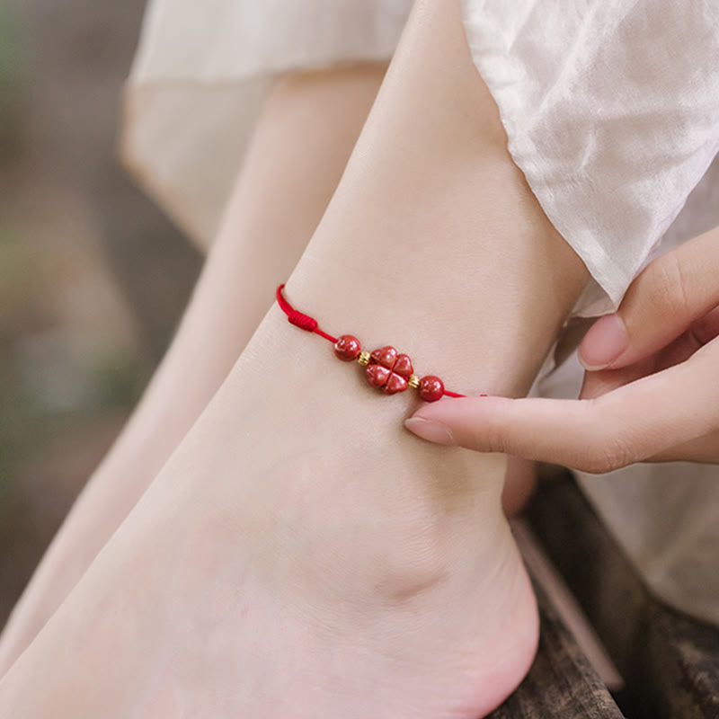 Four Leaf Clover Cinnabar Blessing Calm String Bracelet Anklet