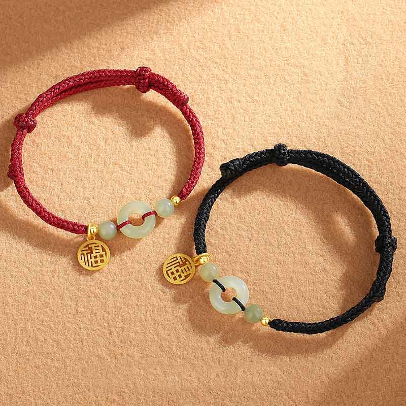 925 Sterling Silver Hetian Jade Peace Buckle Fu Character Charm Abundance Bracelet