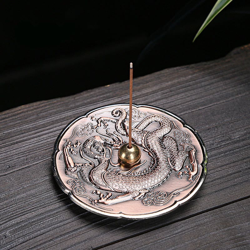 Round Auspicious Dragon Protection Copper Alloy Stick Incense Burner Decoration