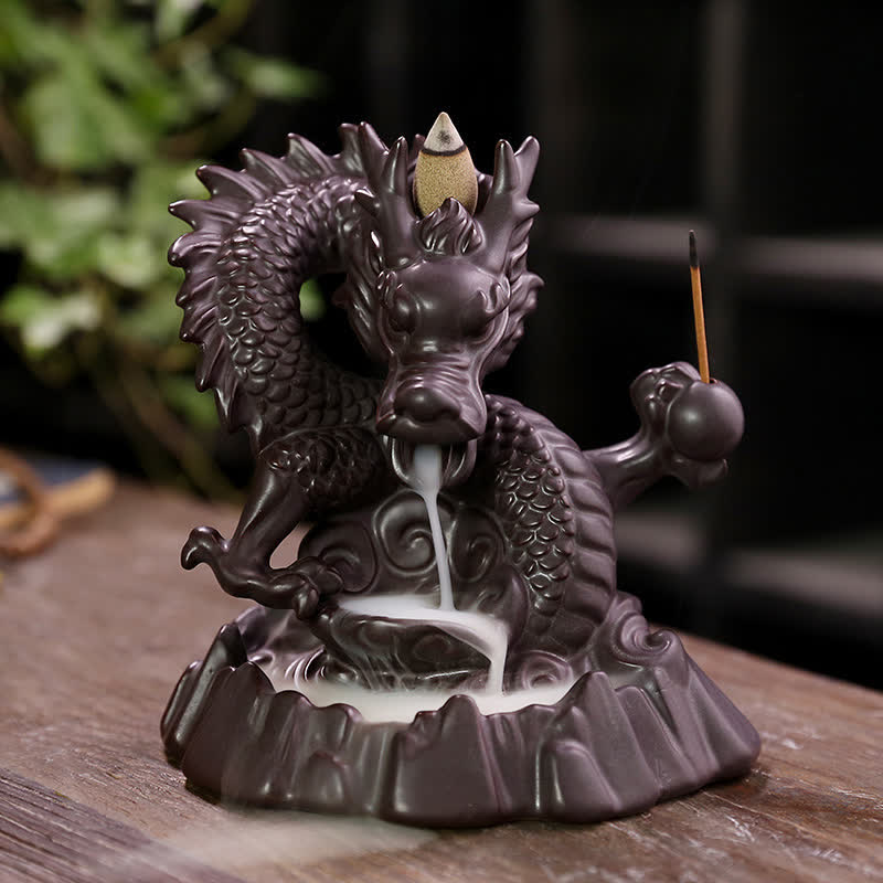Auspicious Dragon Ceramic Backflow Smoke Fountain Meditation Incense Burner Led Ball Decoration