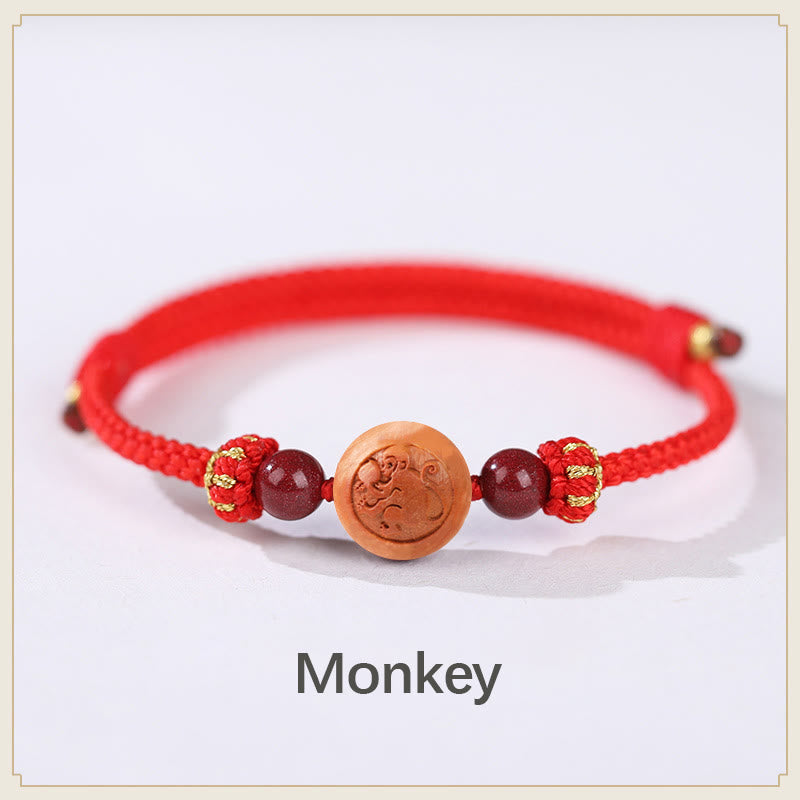 Natural Peach Wood Chinese Zodiac Fu Character Carved Cinnabar Wealth Bracelet